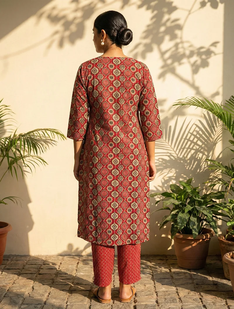 ترو برونز trueBrowns Red Print Embroidered V-Neck Kurta Pant Dupatta Set
